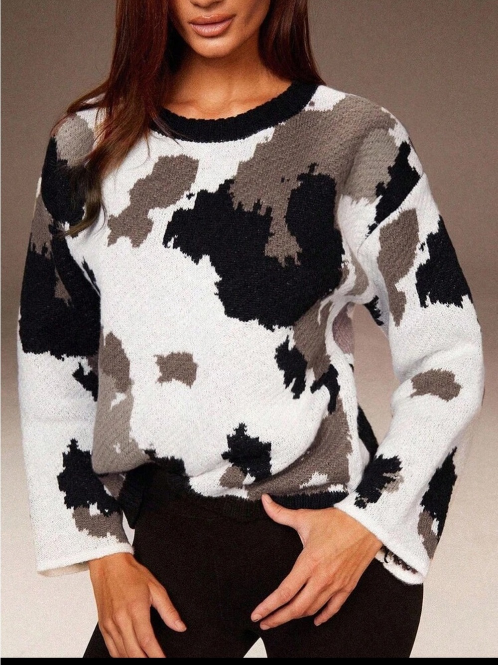 Women’s Black, White & Taupe Patterned Crewneck Sweater size L BNWOT
